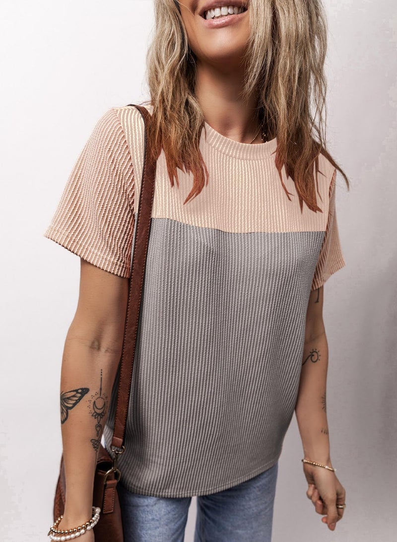 Dokotoo Womens Shirts Color Block Short Top Cute Pullover Ladies Tees & Blouse Spring Summer Business Casual t Shirts Blouses for Women Fashion 2025 Gray Medium - Image 3