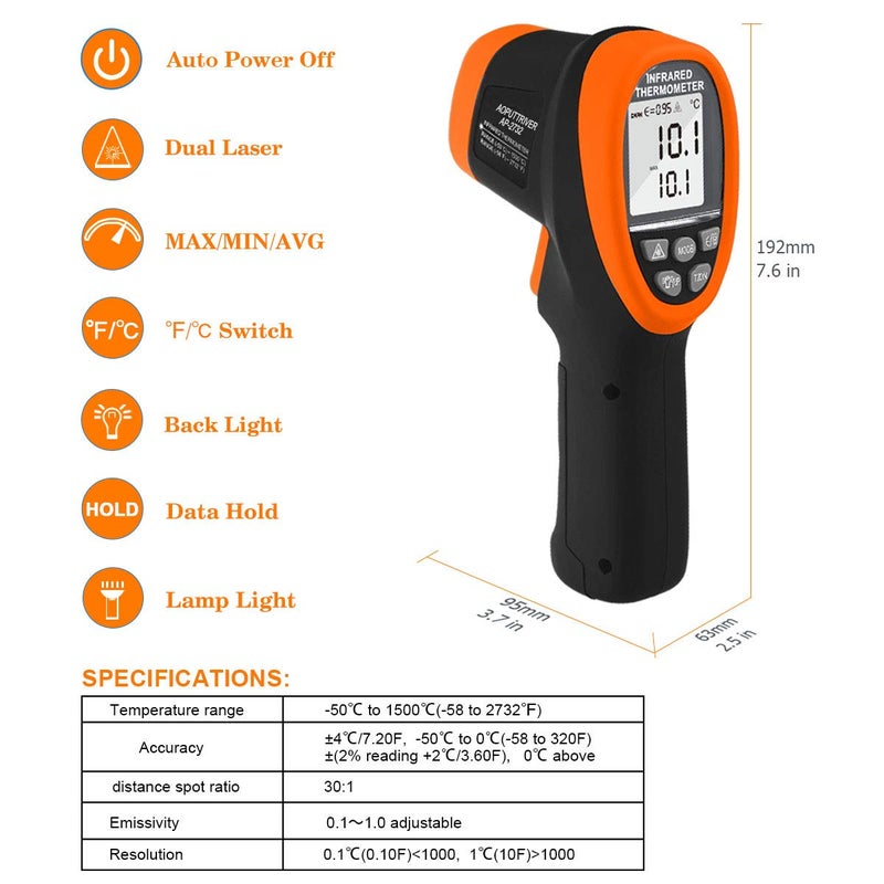 AOPUTTRIVER -58℉~2732℉ Digital Pyrometer 30:1 Dual Laser Industrial IR Temperature Gauge,High Heat Infrared Thermometer Gun Orange(NOT for Human Temp Test) - Image 2