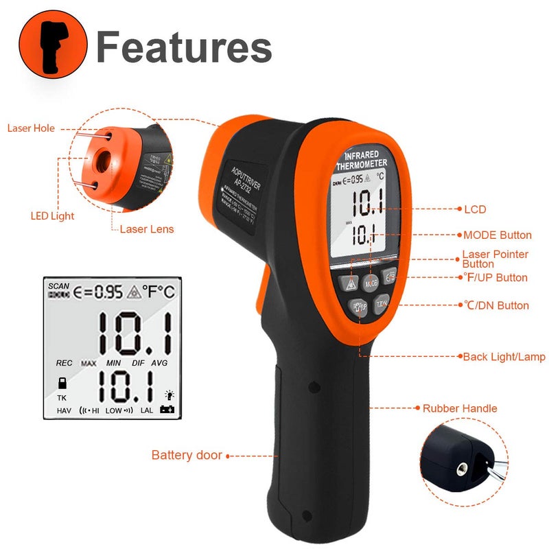 AOPUTTRIVER -58℉~2732℉ Digital Pyrometer 30:1 Dual Laser Industrial IR Temperature Gauge,High Heat Infrared Thermometer Gun Orange(NOT for Human Temp Test) - Image 4