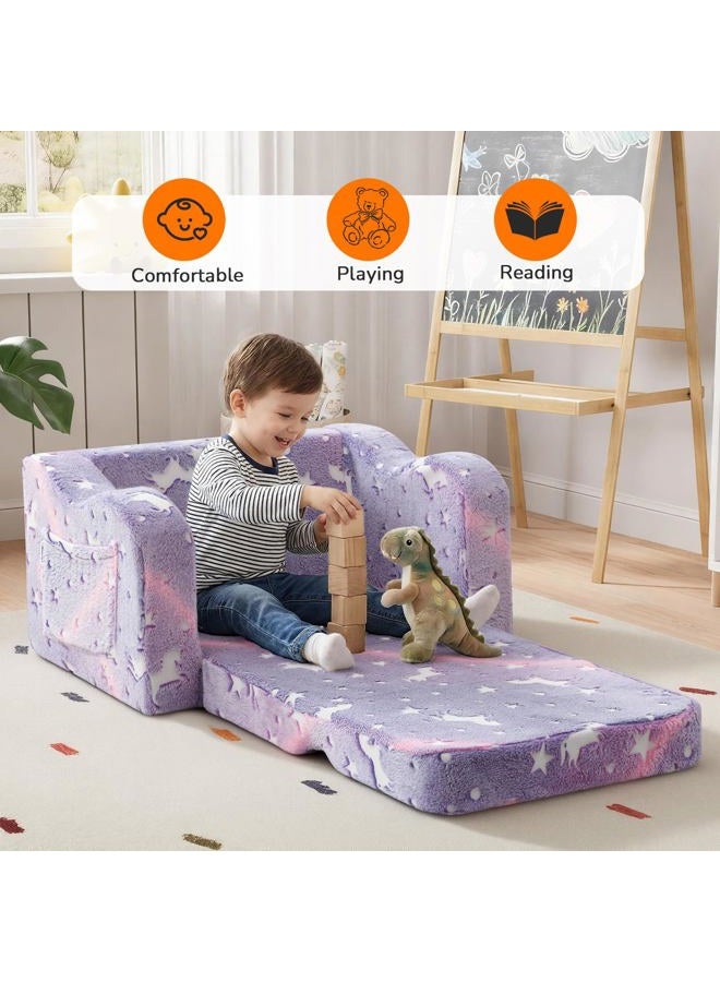 MeMoreCool Toddler Chair Comfy 1-3 Years Old, Kids Couch for Playroom, Convertible Glowing Unicorn Flip Out Sofa, Kids Furniture Floor Recliner Chair Bed - Image 2