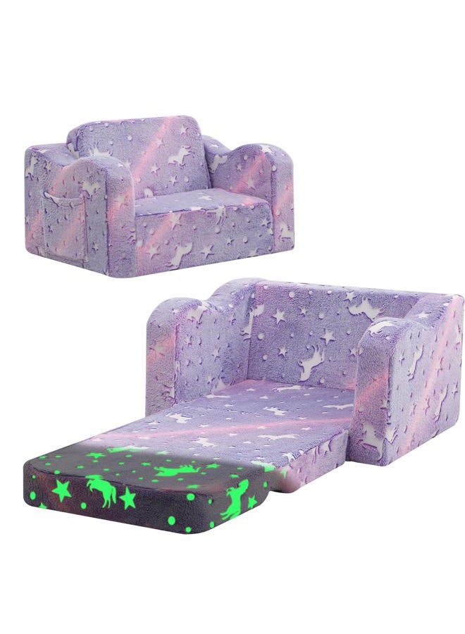 MeMoreCool Toddler Chair Comfy 1-3 Years Old, Kids Couch for Playroom, Convertible Glowing Unicorn Flip Out Sofa, Kids Furniture Floor Recliner Chair Bed - Image 1