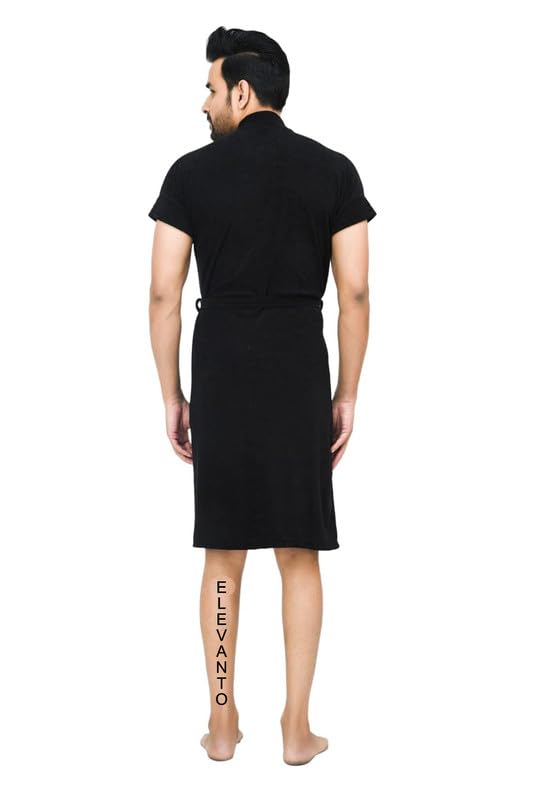 ELEVANTO bathrobe for menbath robes Half Sleeve 1 Pocket Soft Lightweight Comfort bath robe BLACK - Image 5
