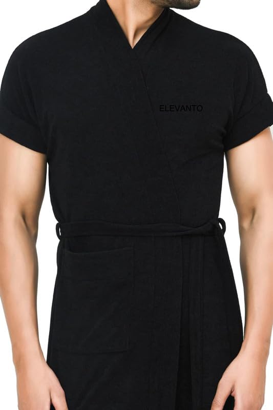 ELEVANTO bathrobe for menbath robes Half Sleeve 1 Pocket Soft Lightweight Comfort bath robe BLACK - Image 3