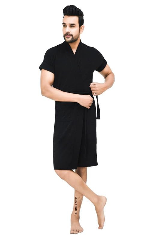 ELEVANTO bathrobe for menbath robes Half Sleeve 1 Pocket Soft Lightweight Comfort bath robe BLACK - Image 1