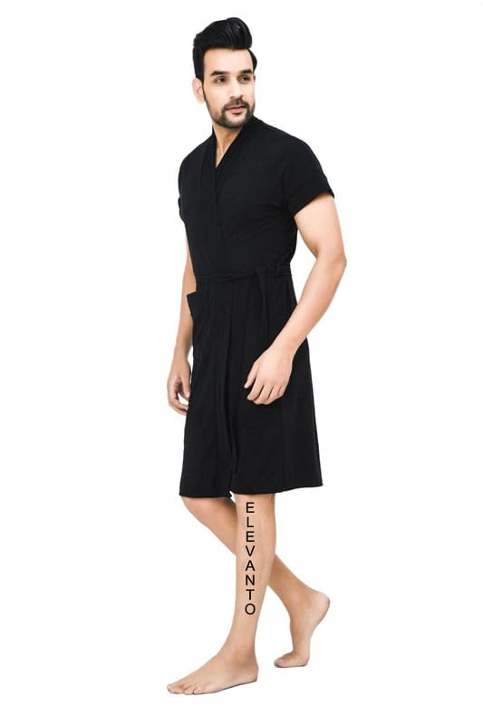 ELEVANTO bathrobe for menbath robes Half Sleeve 1 Pocket Soft Lightweight Comfort bath robe BLACK - Image 2
