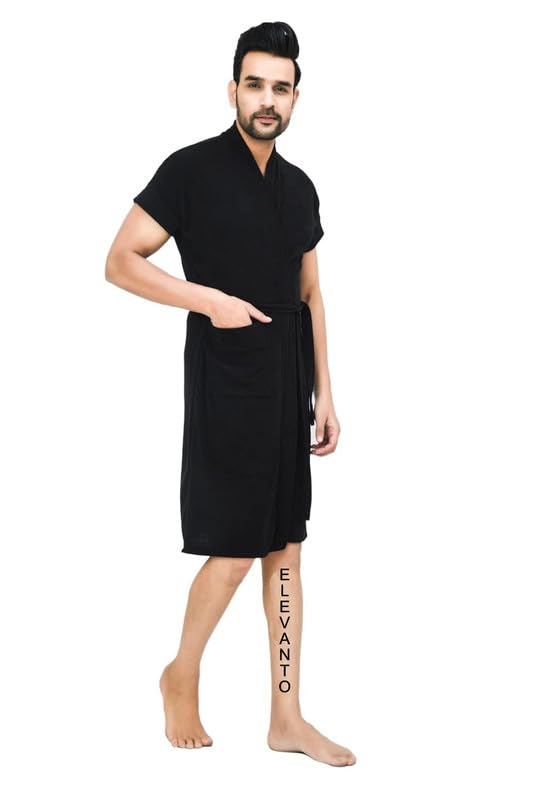 ELEVANTO bathrobe for menbath robes Half Sleeve 1 Pocket Soft Lightweight Comfort bath robe BLACK - Image 4