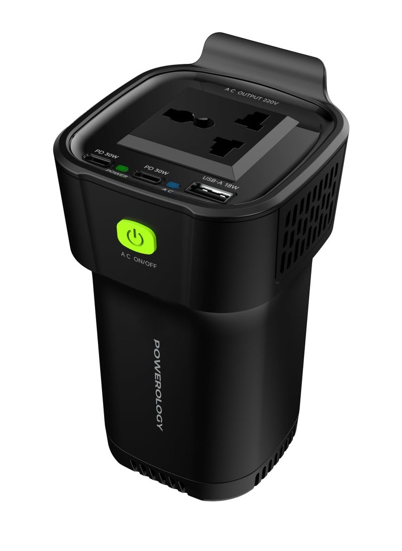 Powerology 150W Inverter AC Universal USB A 2*type-C DC Car 12V10A - Black  - Image 1