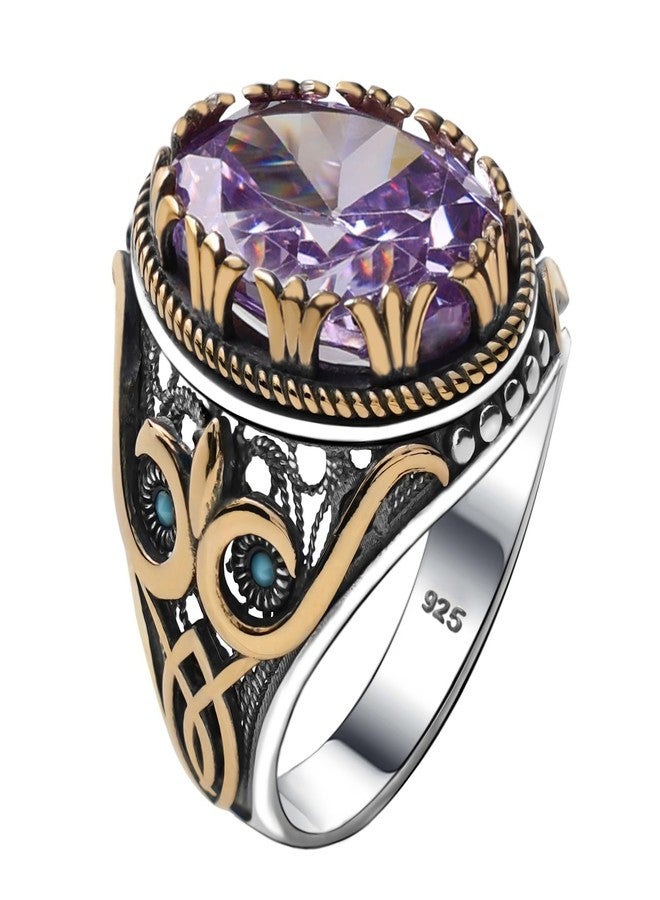 Babylon Silver Genuine Solid 925 Sterling Ring for Men Accented with bronze, Faceted Simulated Aquamarine Stone, Authentic Vintage Turkish Ottoman Style (Aquamarine, 7) - Image 1