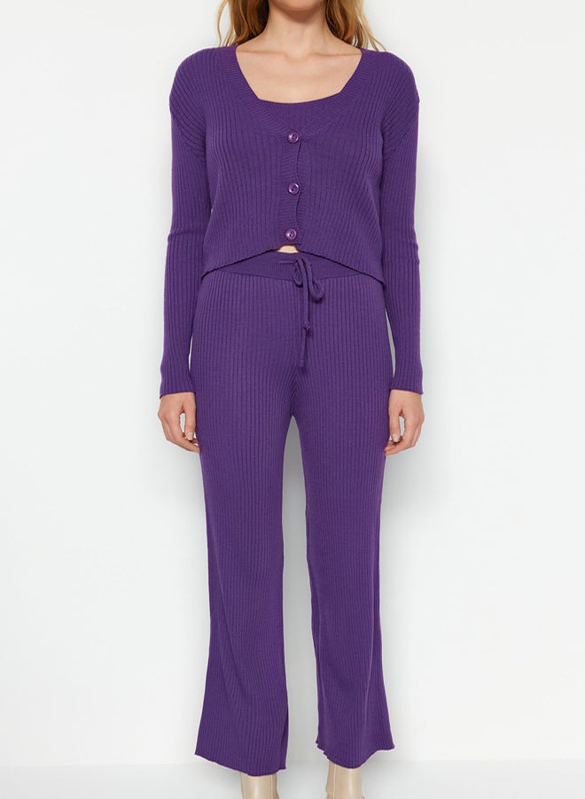 trendyol Purple Fitted Blouse Cardigan Trousers Knitwear Top and Bottom Set - Image 4