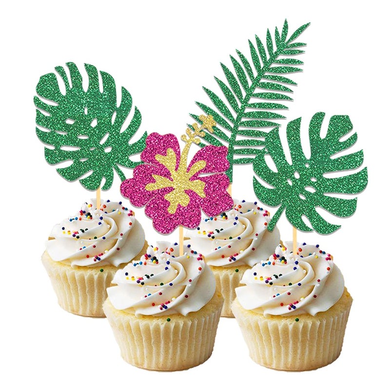 Moitkptt 24Pcs Glitter Tropical Cupcake Toppers  Palm Tree Cake Topper Aloha Cupcake Picks Flower Cupcake Decorations for Luau Hawaiian Theme Baby Shower Birthday Party Supplies(Leaves B) - Image 1