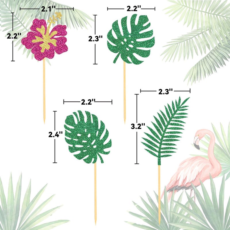 Moitkptt 24Pcs Glitter Tropical Cupcake Toppers  Palm Tree Cake Topper Aloha Cupcake Picks Flower Cupcake Decorations for Luau Hawaiian Theme Baby Shower Birthday Party Supplies(Leaves B) - Image 2