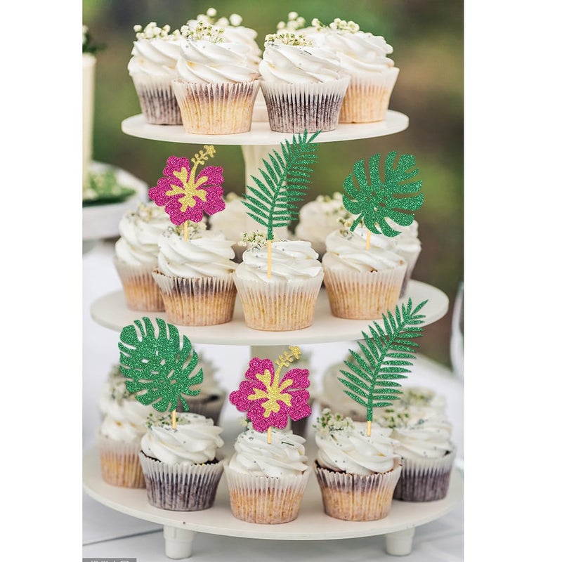Moitkptt 24Pcs Glitter Tropical Cupcake Toppers  Palm Tree Cake Topper Aloha Cupcake Picks Flower Cupcake Decorations for Luau Hawaiian Theme Baby Shower Birthday Party Supplies(Leaves B) - Image 5