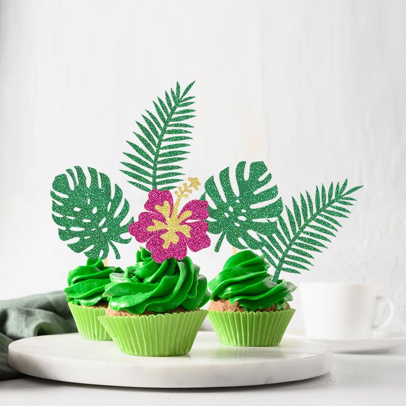 Moitkptt 24Pcs Glitter Tropical Cupcake Toppers  Palm Tree Cake Topper Aloha Cupcake Picks Flower Cupcake Decorations for Luau Hawaiian Theme Baby Shower Birthday Party Supplies(Leaves B) - Image 3