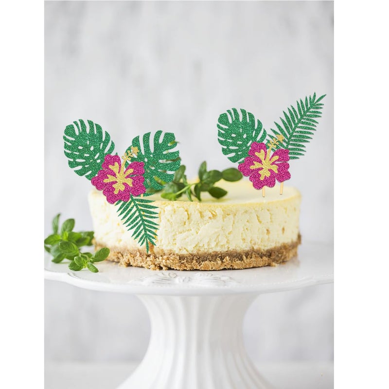 Moitkptt 24Pcs Glitter Tropical Cupcake Toppers  Palm Tree Cake Topper Aloha Cupcake Picks Flower Cupcake Decorations for Luau Hawaiian Theme Baby Shower Birthday Party Supplies(Leaves B) - Image 4