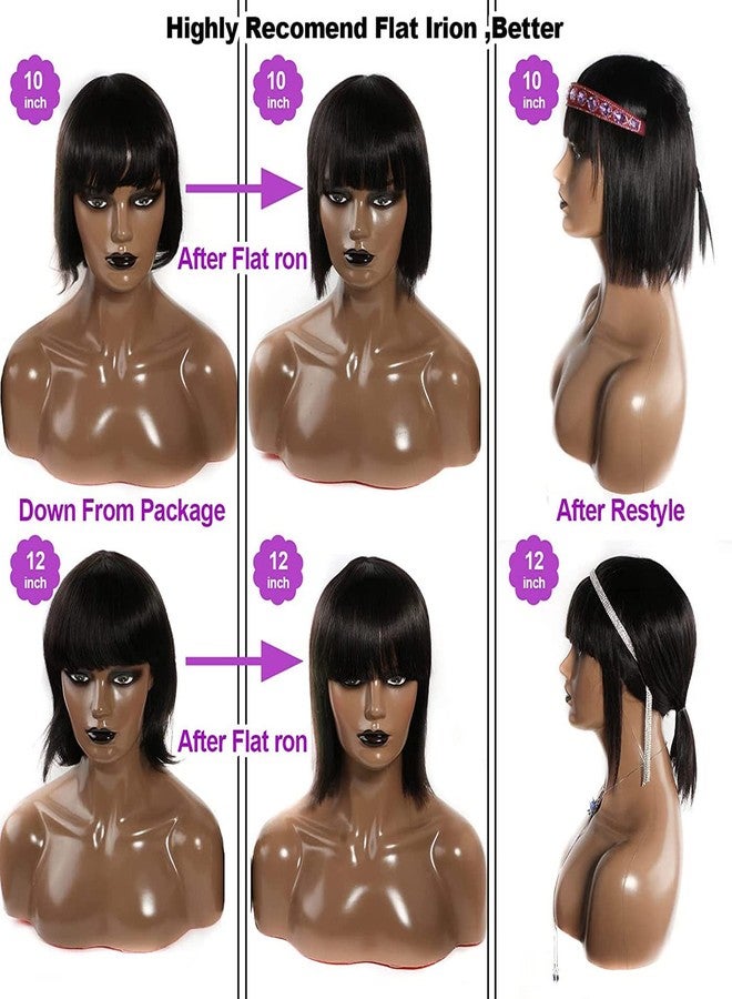 Rebasar Short Bob Wig with Bangs Human Hair Wigs for Black Women Human Hair Glueless 12 Inch None Lace Front Wigs Brazilian Virgin Hair Wear and Go Wig Natural Black Color - Image 4
