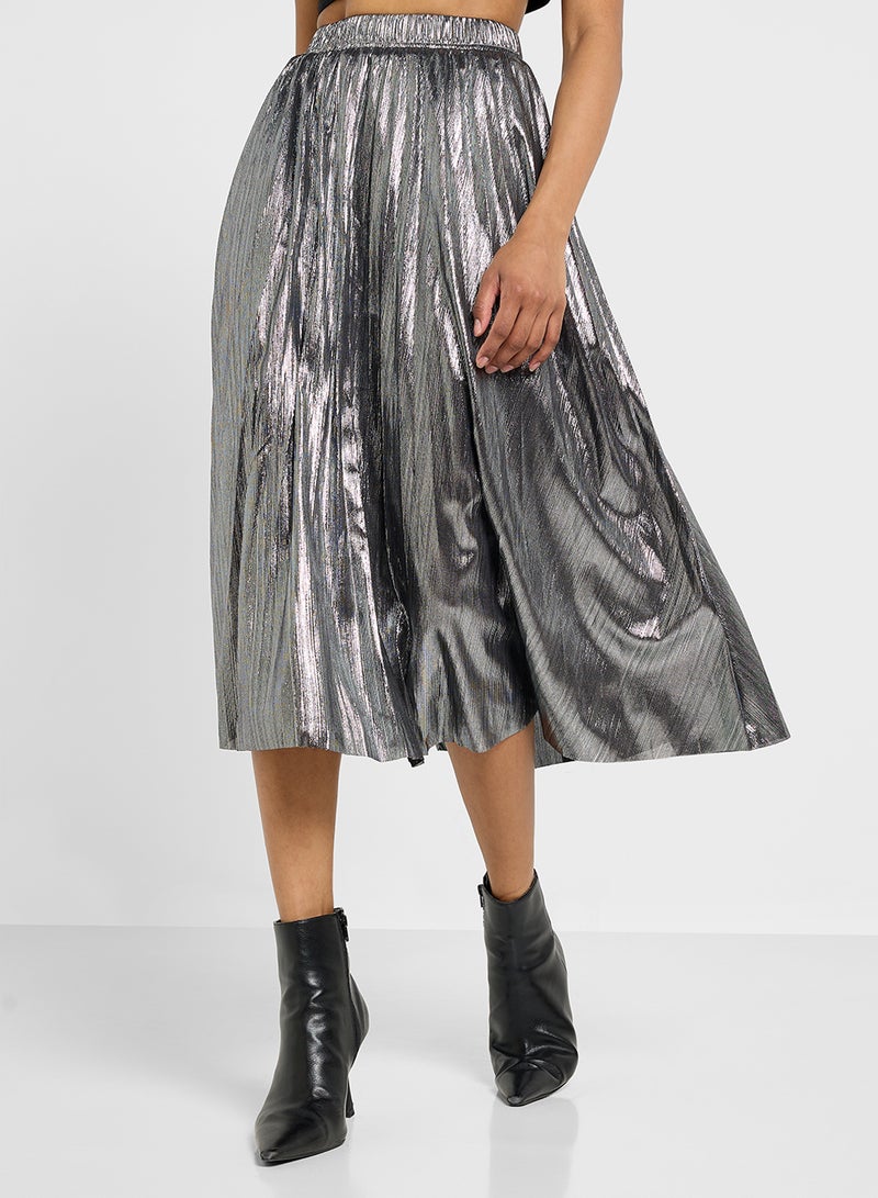 Ginger Metallic Pleated Skirt In Silver  - Image 1