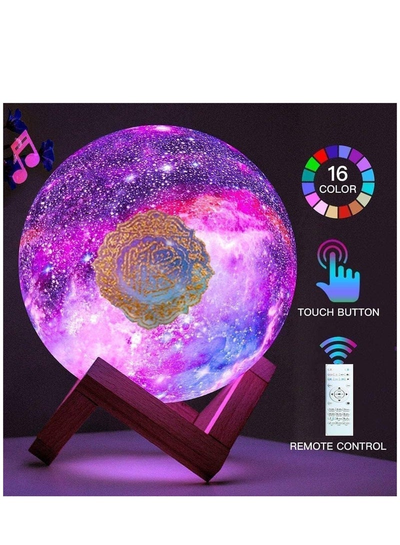 Portable Quran speaker LED night light, 16-color 3D printing LED Galaxy Moon light, Bluetooth, Micro SD remote control speaker, Quran chanting, FM radio (ELT-GLAXY)