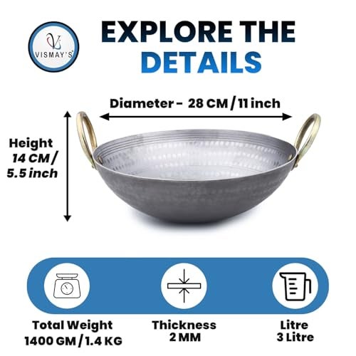 VISMAY'S 3 Litre 11 Inch Food Grade Iron Kadai India’s 1st Smooth Edge kadhai Strong Riveted Handle Traditional Frying Pan Wok Hammered Heavy Base Metal Spoon Friendly Works on Gas and Induction - Image 3