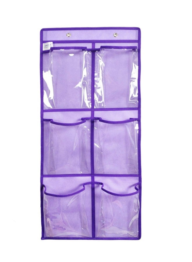 ANIZER Over The Door Hanging Shoe Organizer Narrow Closet Door Shoe Storage 6 Large Clear Pockets Chart 2 Pack (PURPLE) - Image 2