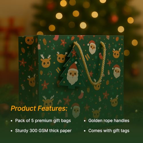 Mudrit Christmas Paper Gift Bags with Handles and Tags, Holiday Theme Pattern, 300 GSM Paper, 12 x 10 x 4 inches (Green, Pack of 5) - Image 4