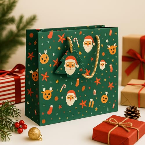 Mudrit Christmas Paper Gift Bags with Handles and Tags, Holiday Theme Pattern, 300 GSM Paper, 12 x 10 x 4 inches (Green, Pack of 5) - Image 2