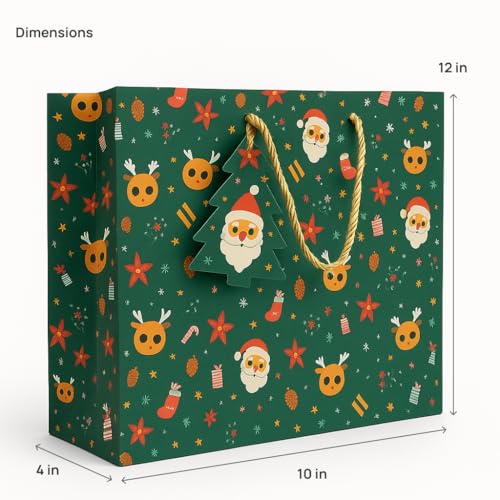 Mudrit Christmas Paper Gift Bags with Handles and Tags, Holiday Theme Pattern, 300 GSM Paper, 12 x 10 x 4 inches (Green, Pack of 5) - Image 3