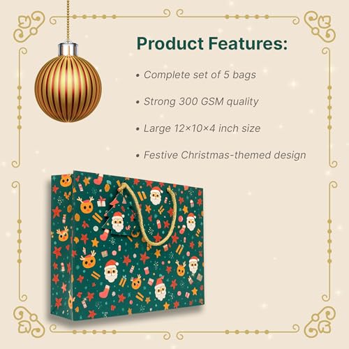 Mudrit Christmas Paper Gift Bags with Handles and Tags, Holiday Theme Pattern, 300 GSM Paper, 12 x 10 x 4 inches (Green, Pack of 5) - Image 5