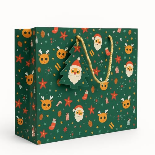 Mudrit Christmas Paper Gift Bags with Handles and Tags, Holiday Theme Pattern, 300 GSM Paper, 12 x 10 x 4 inches (Green, Pack of 5) - Image 1