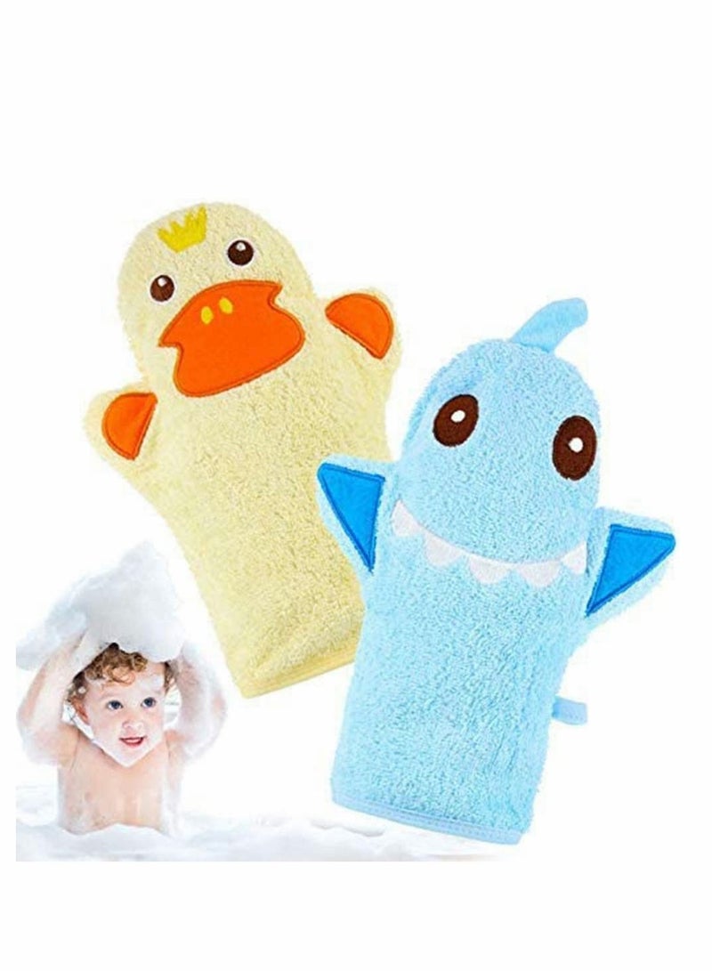 Excefore Baby Bath Mitt Glove Washcloths with Cute Cartoon Animal Designs Yellow Duck Shark Cotton Soft Towel Gentle Scrub Toddler and Shower Fun Gift for Boys Girls, 2PCS - Image 1