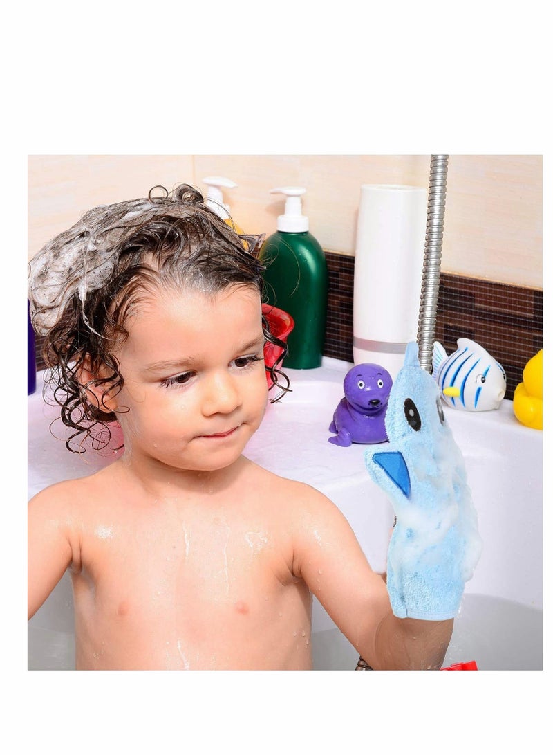 Excefore Baby Bath Mitt Glove Washcloths with Cute Cartoon Animal Designs Yellow Duck Shark Cotton Soft Towel Gentle Scrub Toddler and Shower Fun Gift for Boys Girls, 2PCS - Image 4