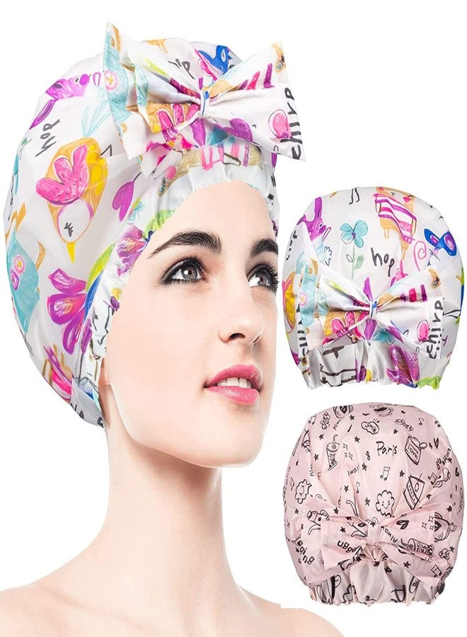 WINSTECK 2 PCS Shower Caps, Reusable & Extra Large & Adjustable & Double Layer Waterproof Bow Knot Hair Reusable Cap for Women, Waterproof Outer & EVA Lining, for Shower, Spa, Makeup - Image 1