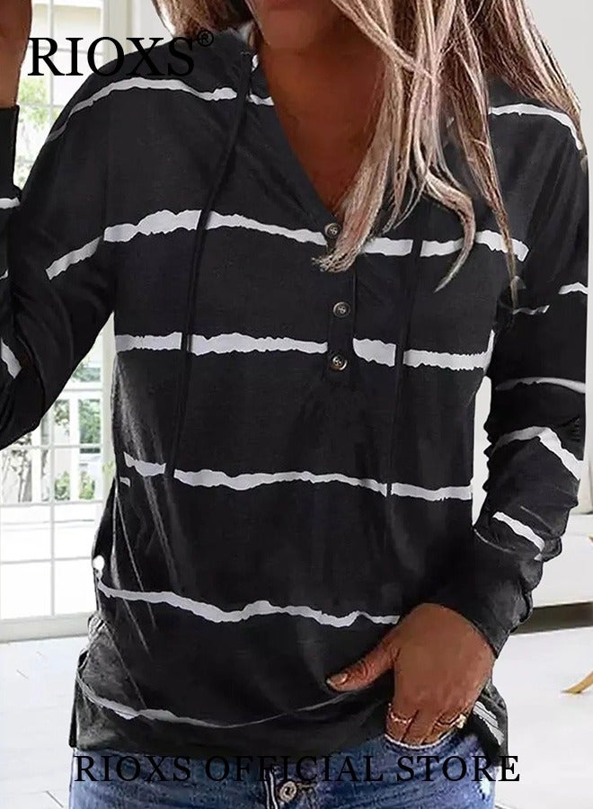 RIOXS Women's Casual Striped Shirts V Neck Hoodies Blouses Button Front Sweatshirts Long Sleeve Hooded Top For Women Girls Ladies Work Or Daily Wear  - Image 3