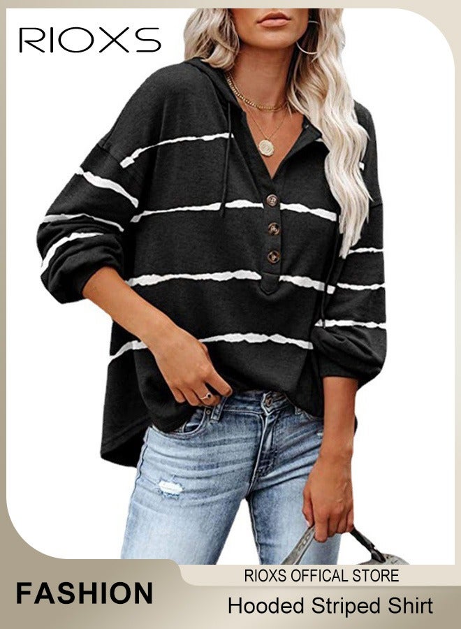 RIOXS Women's Casual Striped Shirts V Neck Hoodies Blouses Button Front Sweatshirts Long Sleeve Hooded Top For Women Girls Ladies Work Or Daily Wear  - Image 1