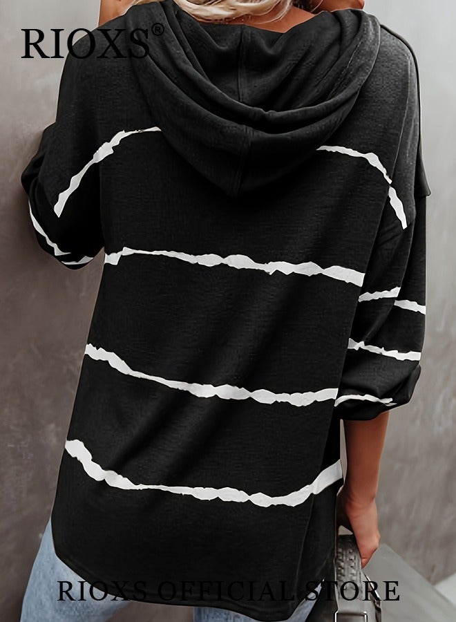RIOXS Women's Casual Striped Shirts V Neck Hoodies Blouses Button Front Sweatshirts Long Sleeve Hooded Top For Women Girls Ladies Work Or Daily Wear  - Image 5