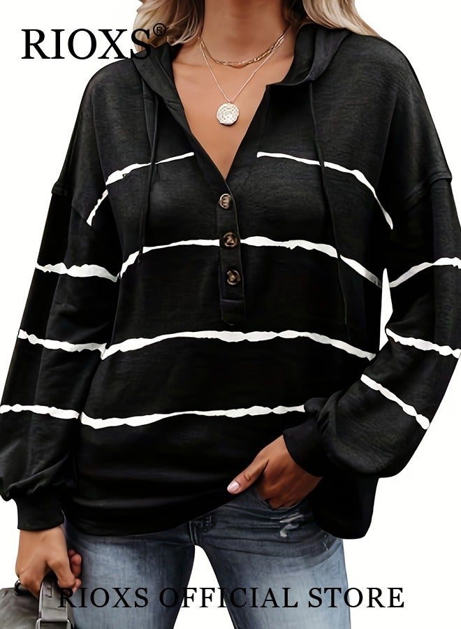 RIOXS Women's Casual Striped Shirts V Neck Hoodies Blouses Button Front Sweatshirts Long Sleeve Hooded Top For Women Girls Ladies Work Or Daily Wear  - Image 4