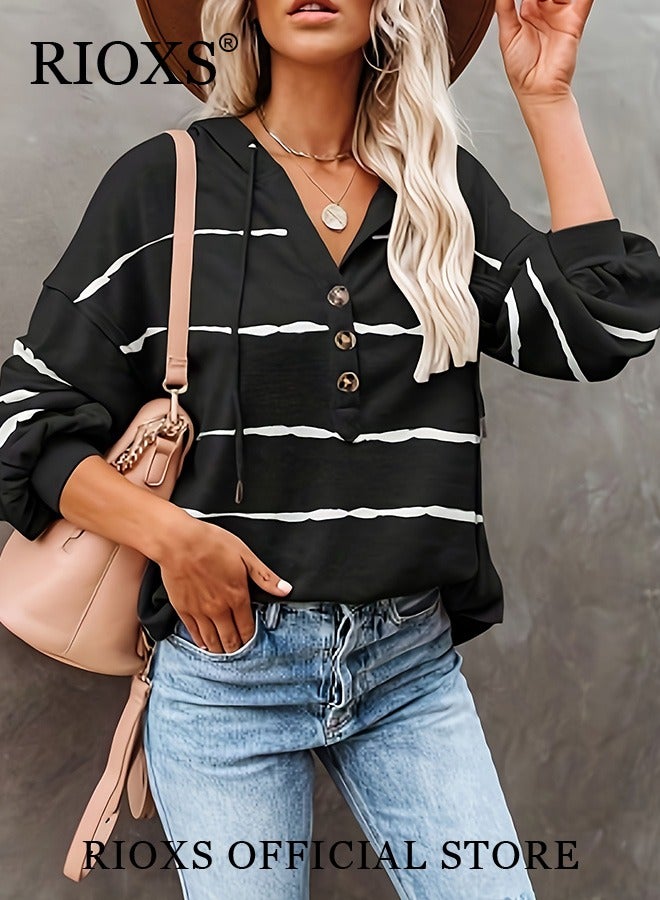 RIOXS Women's Casual Striped Shirts V Neck Hoodies Blouses Button Front Sweatshirts Long Sleeve Hooded Top For Women Girls Ladies Work Or Daily Wear  - Image 2