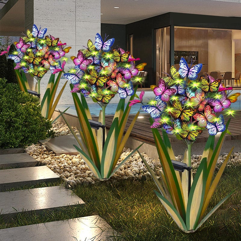 Homight Solar Metal Agave Butterfly Flower Stick Garden Sculpture Outdoor Gift Solar Garden Christmas Lights Swaying Butterfly Sunflower Garden Lights Solar Outdoor Statues (3 PCS Light Green) - Image 1