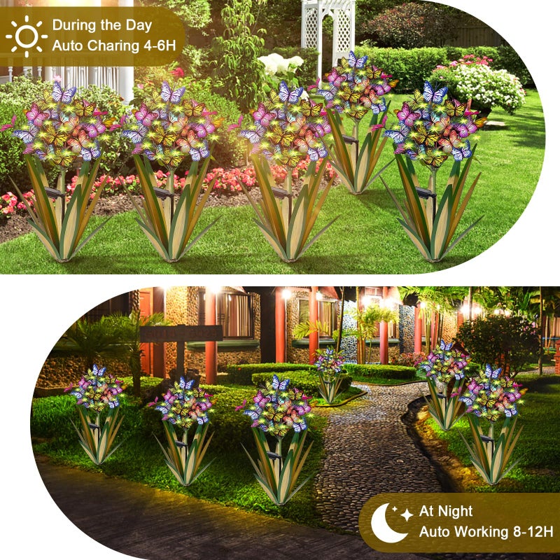 Homight Solar Metal Agave Butterfly Flower Stick Garden Sculpture Outdoor Gift Solar Garden Christmas Lights Swaying Butterfly Sunflower Garden Lights Solar Outdoor Statues (3 PCS Light Green) - Image 4