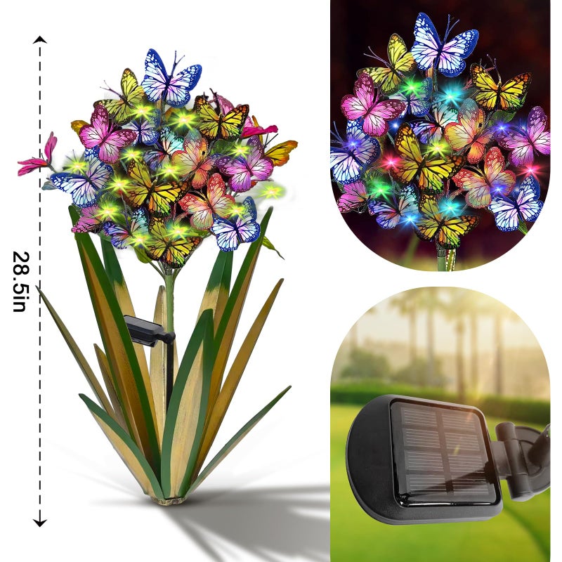 Homight Solar Metal Agave Butterfly Flower Stick Garden Sculpture Outdoor Gift Solar Garden Christmas Lights Swaying Butterfly Sunflower Garden Lights Solar Outdoor Statues (3 PCS Light Green) - Image 2