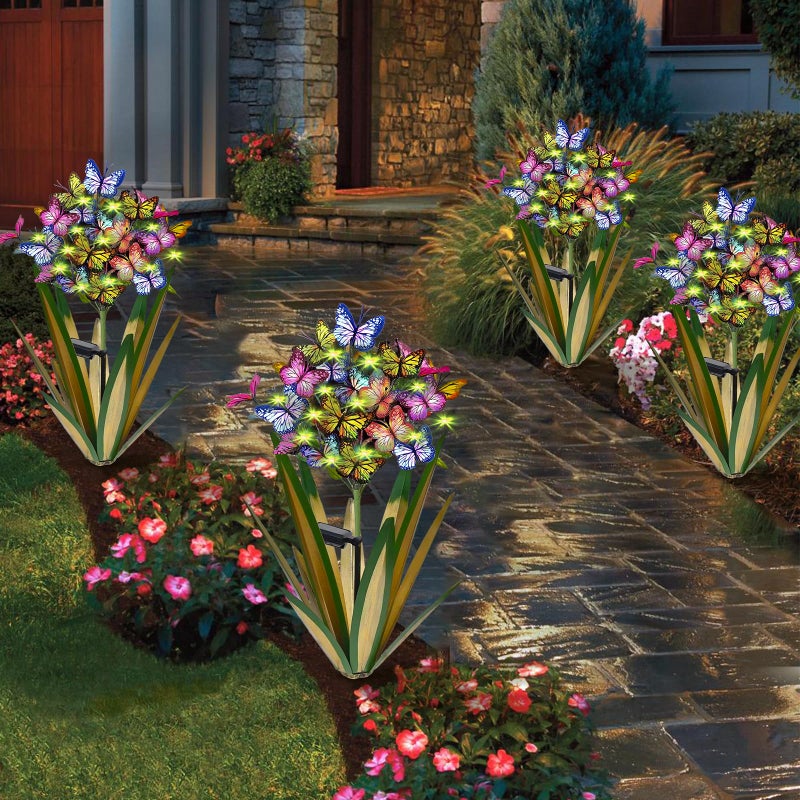 Homight Solar Metal Agave Butterfly Flower Stick Garden Sculpture Outdoor Gift Solar Garden Christmas Lights Swaying Butterfly Sunflower Garden Lights Solar Outdoor Statues (3 PCS Light Green) - Image 3