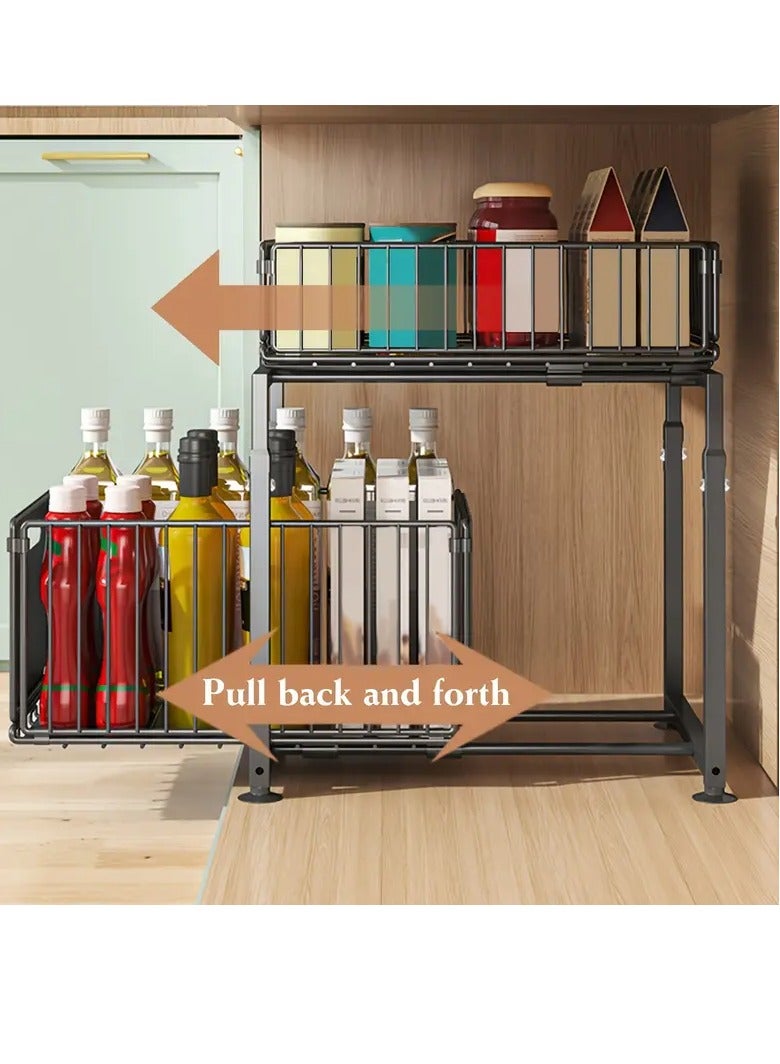 عربست تحت منظم الحوض ، L-Shape تحت منظم الحوض المطبخ والتخزين ، 2 طبقة منزلقة منظم مجلس الوزراء ، تخزين وتنظيم المطبخ ، الحمام ، التوابل (أسود ، حزمة 2) ((3.5 "+ 7") - Image 3