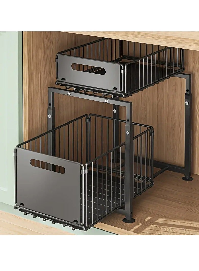 عربست تحت منظم الحوض ، L-Shape تحت منظم الحوض المطبخ والتخزين ، 2 طبقة منزلقة منظم مجلس الوزراء ، تخزين وتنظيم المطبخ ، الحمام ، التوابل (أسود ، حزمة 2) ((3.5 "+ 7") - Image 2