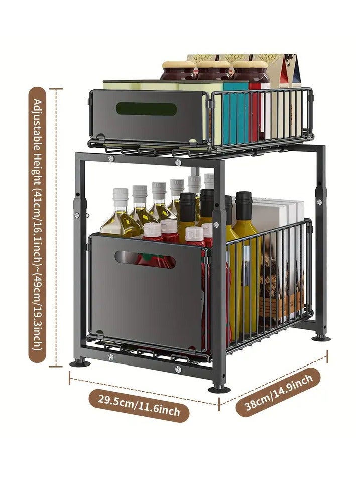 عربست تحت منظم الحوض ، L-Shape تحت منظم الحوض المطبخ والتخزين ، 2 طبقة منزلقة منظم مجلس الوزراء ، تخزين وتنظيم المطبخ ، الحمام ، التوابل (أسود ، حزمة 2) ((3.5 "+ 7") - Image 4
