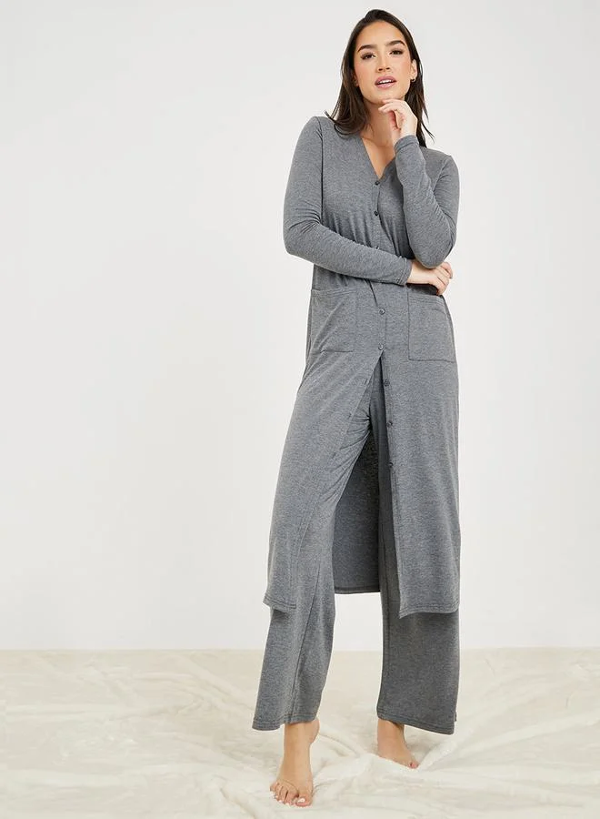 Styli Solid Knit Midi Cardigan & Straight Leg Lounge Set