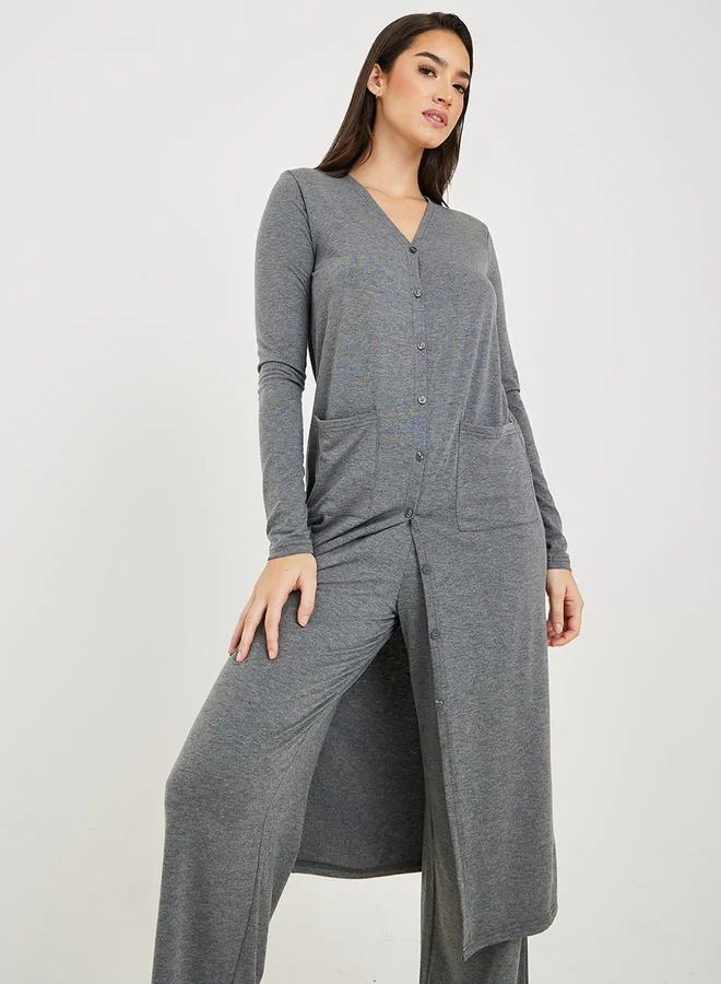 Styli Solid Knit Midi Cardigan & Straight Leg Lounge Set