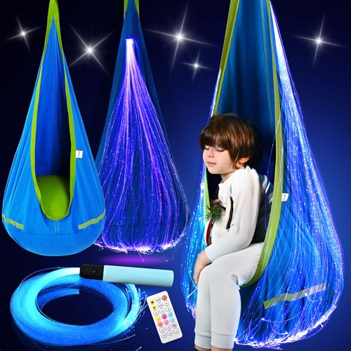 OUTREE Pod Swing Featuring Fiber Optic with 10 Colors and 17 Effects Sensory Swing Suitable for Individuals with Sensory Needs Blue - Image 1