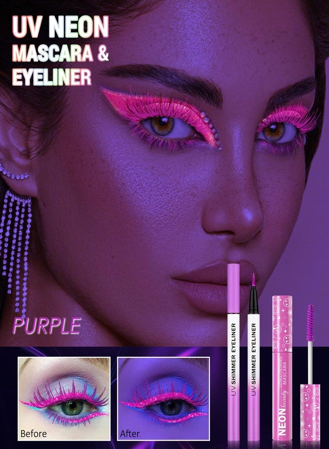 Lestpola UV Neon Purple Mascara & Eyeliner Set, Waterproof Volumizing Colored Mascara Volume and Length for Lashes Lengthening, Long Lasting Glitter Liquid Eyeliner Pencil, Halloween Glow in the Dark Makeup-01 - Image 2