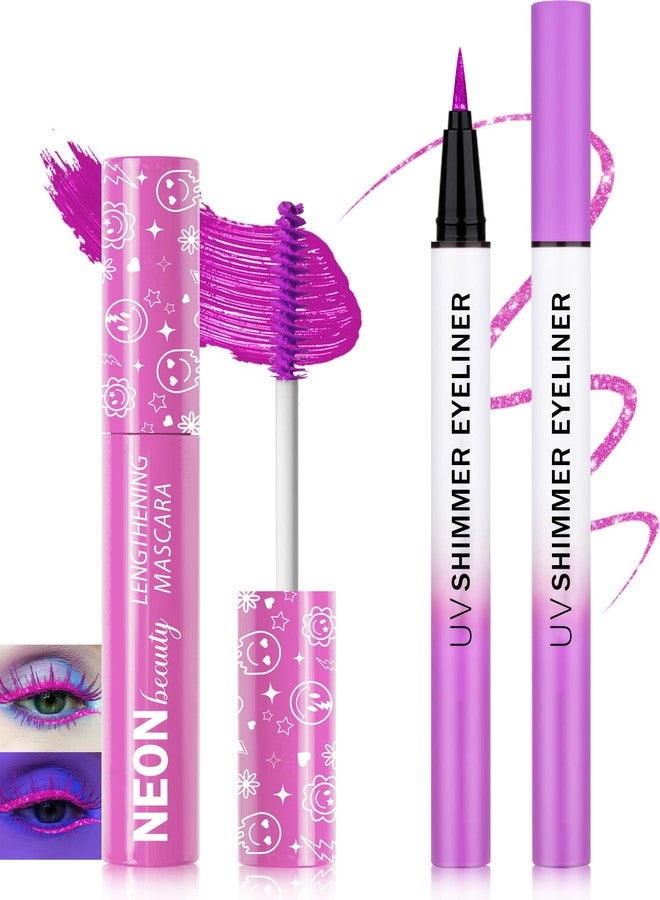 Lestpola UV Neon Purple Mascara & Eyeliner Set, Waterproof Volumizing Colored Mascara Volume and Length for Lashes Lengthening, Long Lasting Glitter Liquid Eyeliner Pencil, Halloween Glow in the Dark Makeup-01 - Image 1