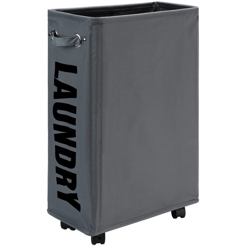 DOKEHOM 25-Inches Slim Laundry Basket on Wheels, Collapsible Rolling Laundry Hamper, Foldable Narrow Corner Clothes Storage Bins (Dark Grey) - Image 1