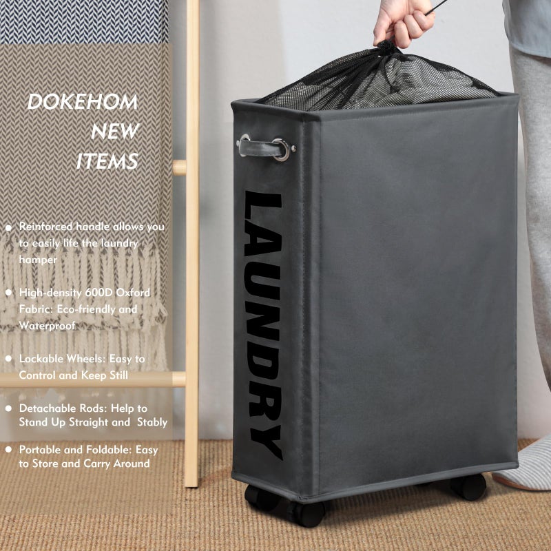DOKEHOM 25-Inches Slim Laundry Basket on Wheels, Collapsible Rolling Laundry Hamper, Foldable Narrow Corner Clothes Storage Bins (Dark Grey) - Image 2